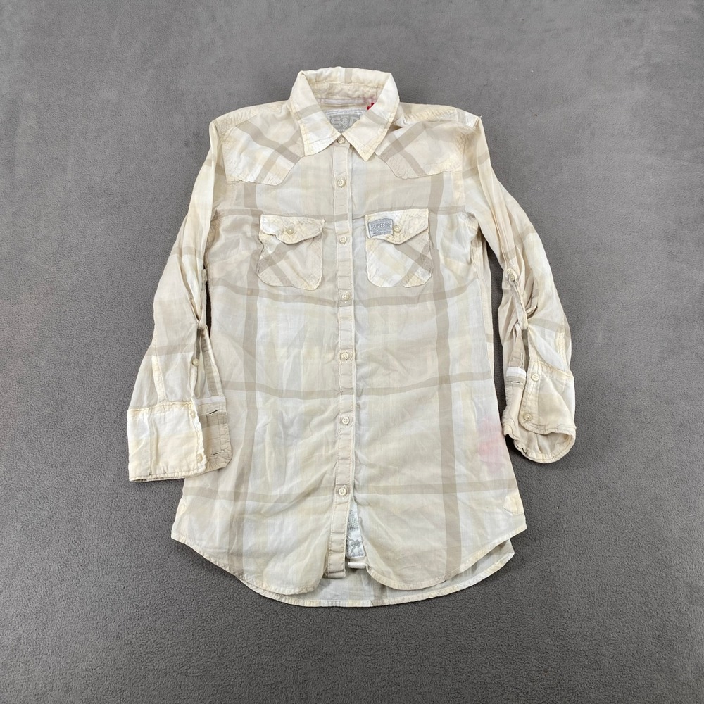 Superdry Shirt Shop Womens Plaid Western Button Down Cream Tan Long Sleeve 7623